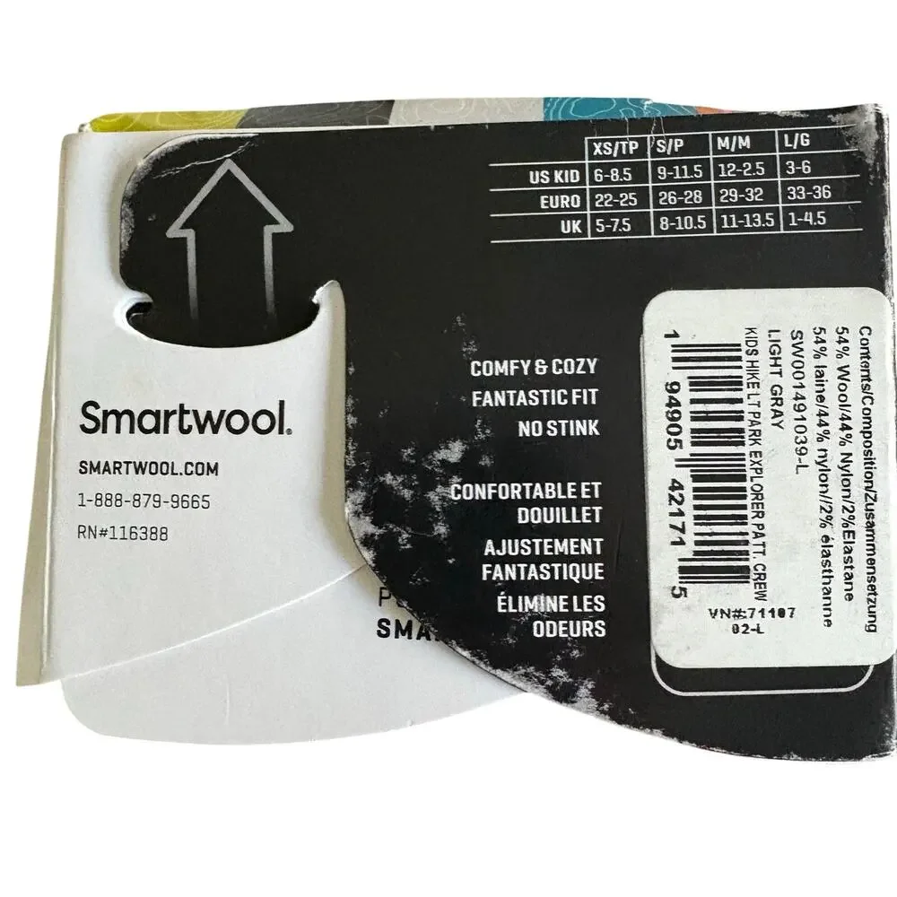 Smartwool Kids Hike Light Cushion Crew Socks Large Merino Wool New With Tags